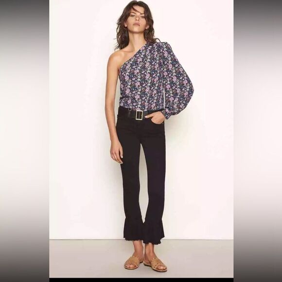S, Frame Denim Floral Print One Shoulder Top with puff sleeve coastal blue multi - Picture 2 of 14